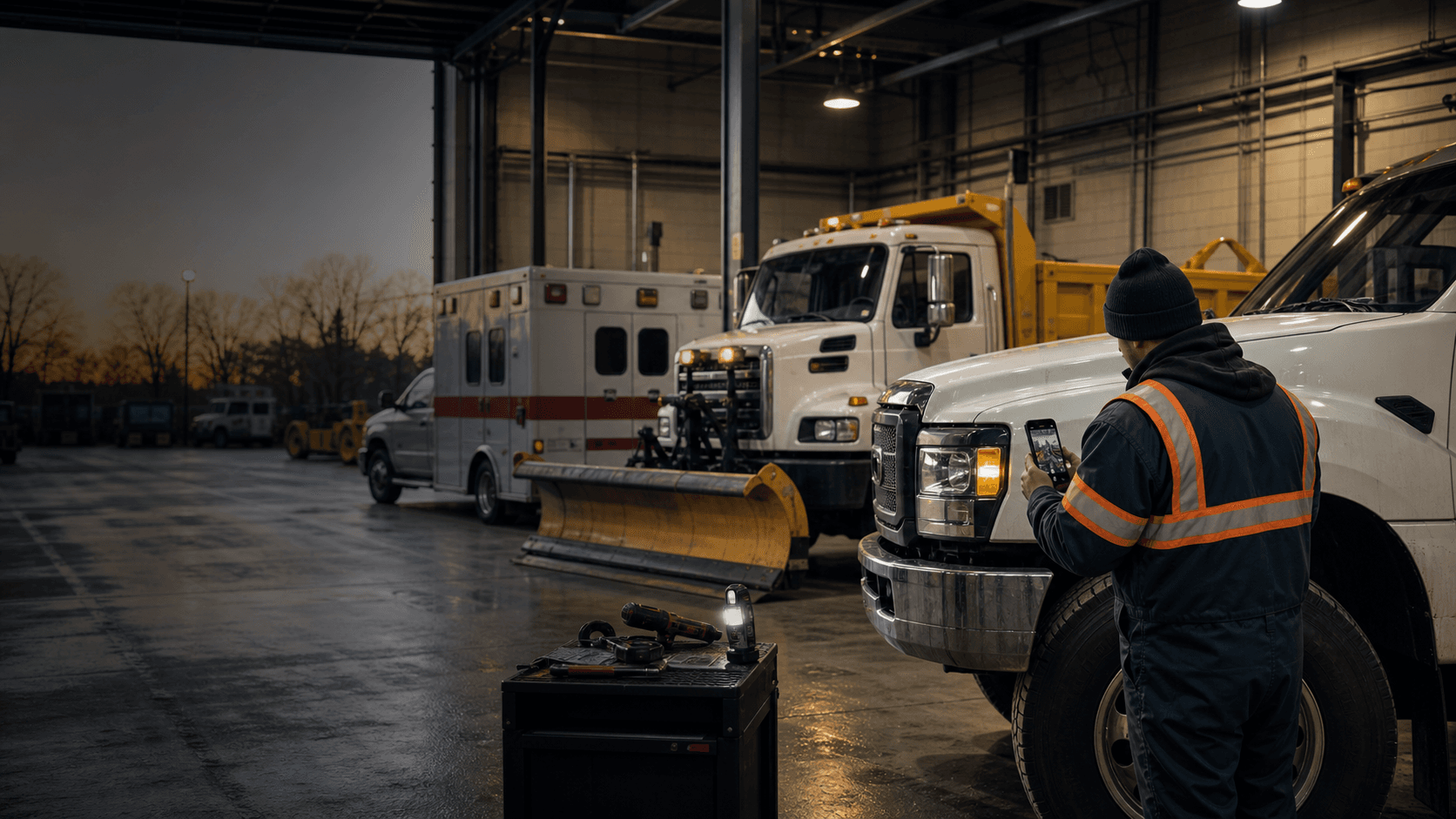 Municipal fleet readiness inspection at a public works maintenance bay