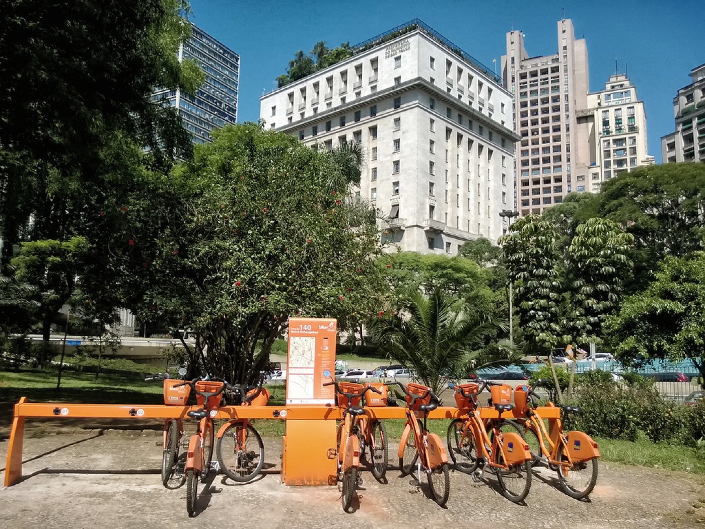Share bikes docked at a bike-share station.