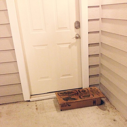 Package left at an apartment door.